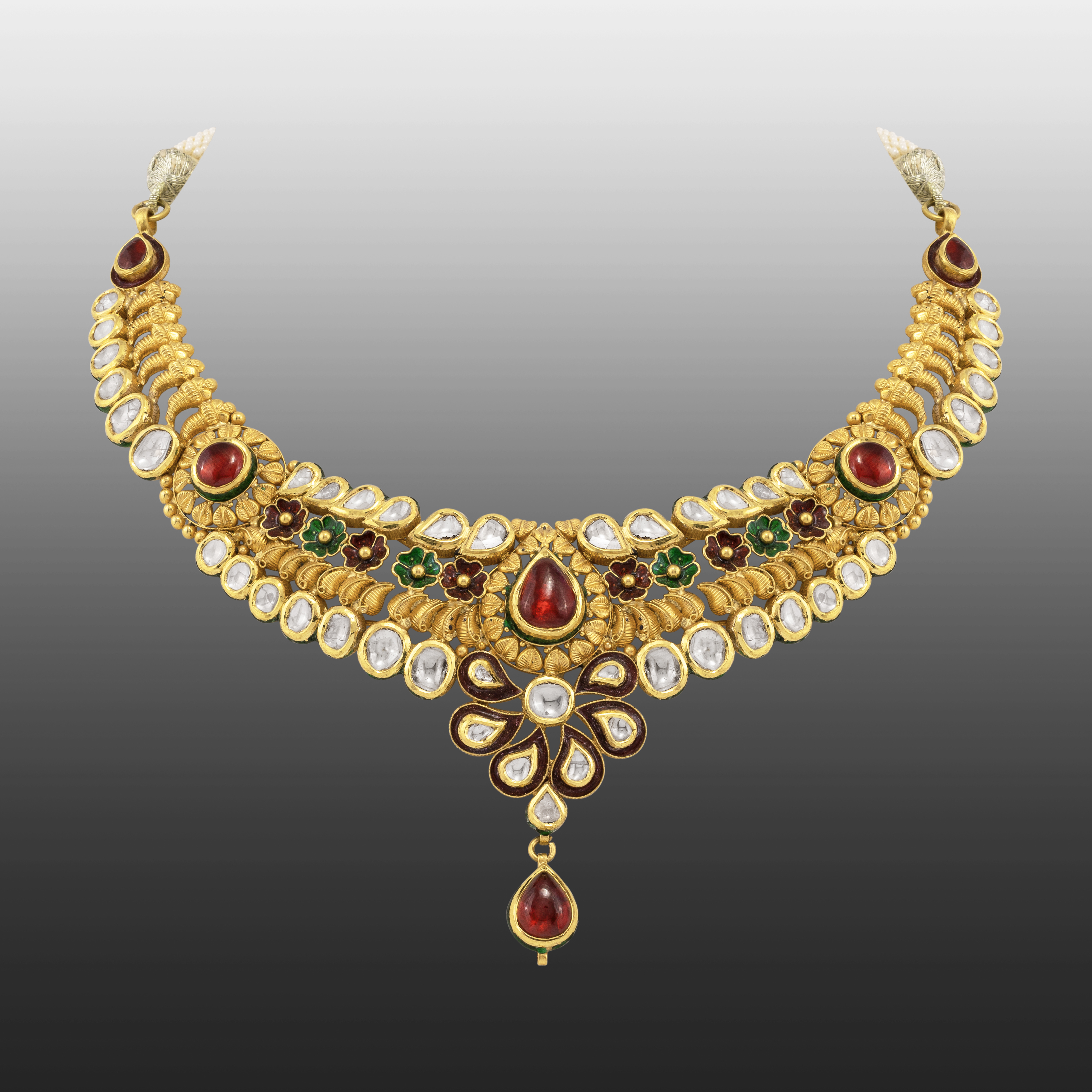 Traditional Necklace with Polki, Red & Green Enamel